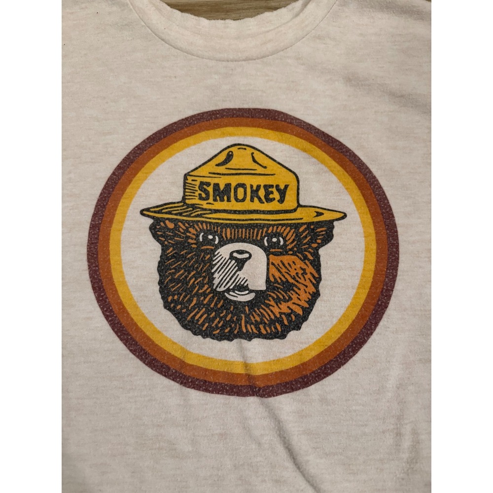 Smokey Bear Graphic Long Sleeve Shirt Heather Beige Retro Stripes Womens Large - Picture 3 of 6